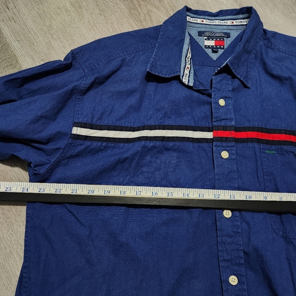 Vintage 90s Tommy Jeans Hilfiger Button Up Shirt Navy Blue Center Stripe Sz XL - Picture 9 of 9